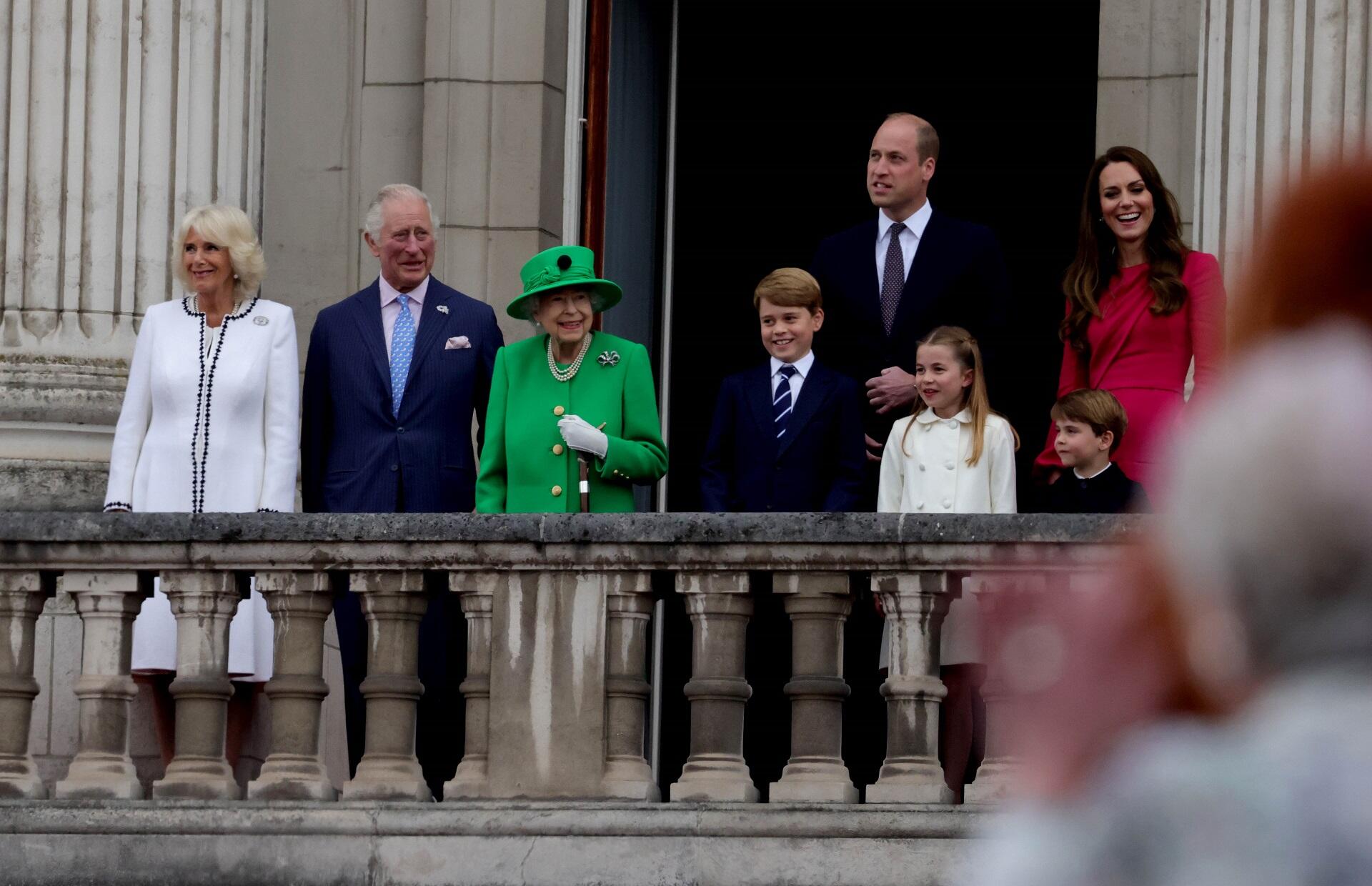 Queen Elizabeth with Prince Charles and Prince William, their wives and the great-grandchildren.